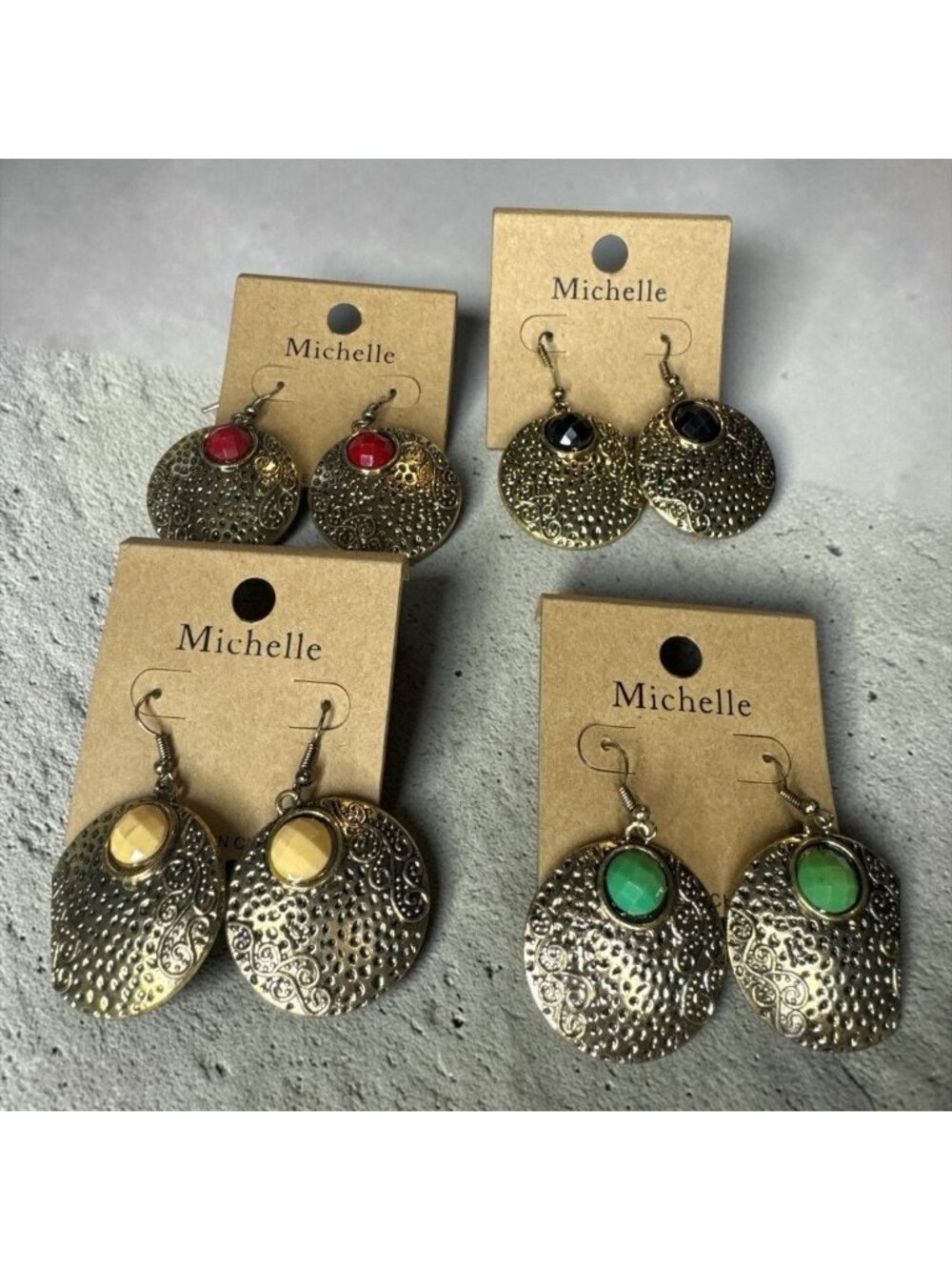 4 Sets of Michelle Antique-Style Dangle Earrings with Embossed Gold-Tone Design